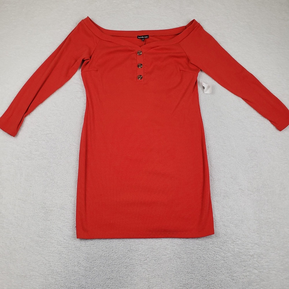 Charlotte Russe‎ Red Ribbed Off The Shoulder Long Sleeve Bodycon Mini Dress 1X